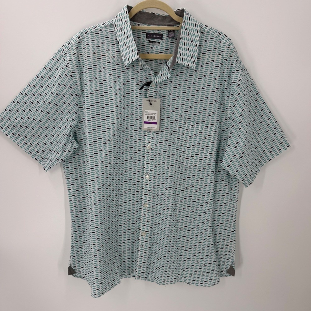 Van Heusen Never Tuck Slim Fit Fish Print Button Shirt Men's XXL NWT Stretch